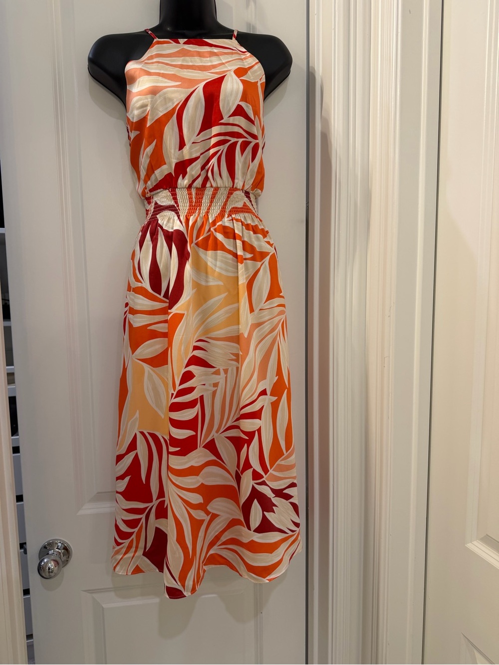 Ann Taylor Petite XSP Tropical Leaf Smocked Waist Maxi Dress Orange